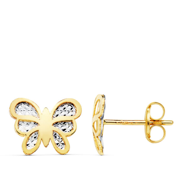 18K PENDIENTES MARIPOSA BICOLOR 10X8 MM CIERRE PRESION