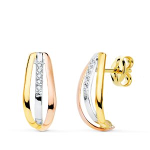 18K PENDIENTES ORO TRICOLOR BANDAS CON CIRCONITAS 15X7 MM CIERRE PRESION