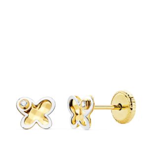 18K PENDIENTES MARIPOSA ORO BICOLOR CIRCONITA 5.5X4.5 MM