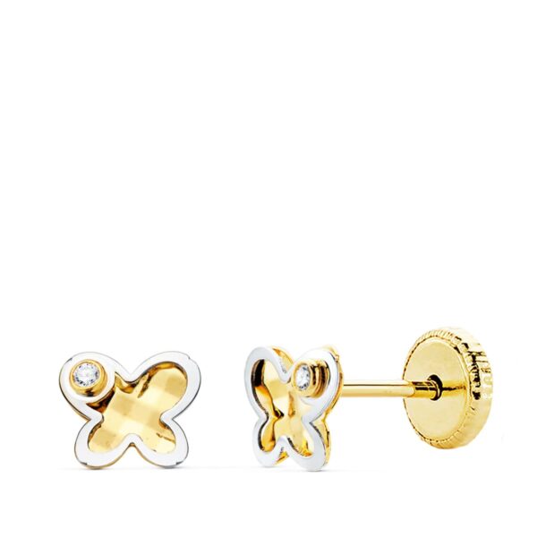 18K PENDIENTES MARIPOSA ORO BICOLOR CIRCONITA 5.5X4.5 MM