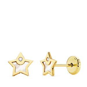18K PENDIENTES ORO AMARILLO ESTRELLA NACAR Y CIRCONITA 6X6 MM