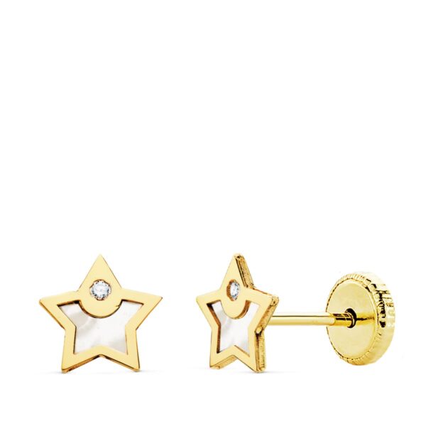 18K PENDIENTES ORO AMARILLO ESTRELLA NACAR Y CIRCONITA 6X6 MM