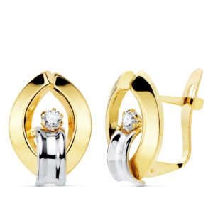 18K PENDIENTES ORO BICOLOR BANDAS Y CIRCONITAS 14X10 MM CIERRE CATALÁN