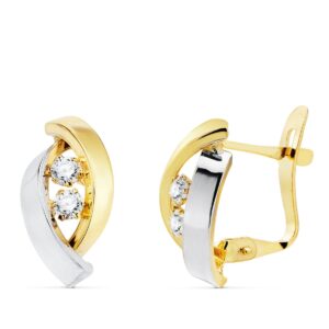18K PENDIENTES ORO BICOLOR BANDAS Y CIRCONITAS 14X8 MM CIERRE CATALÁN