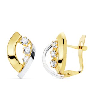 18K PENDIENTES ORO BICOLOR BANDAS Y CIRCONITAS 14X9 MM CIERRE CATALÁN