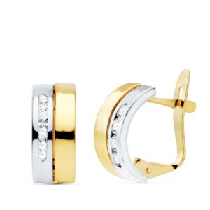 18K PENDIENTES ORO BICOLOR BANDAS Y CIRCONITAS 12X5 MM CIERRE CATALAN