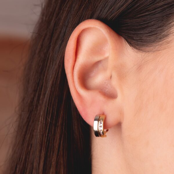18K PENDIENTES ORO BICOLOR BANDAS Y CIRCONITAS 12X5 MM CIERRE CATALAN - Imagen 2