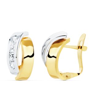 18K PENDIENTES ORO BICOLOR BANDAS Y CIRCONITAS 15X8 MM CIERRE CATALAN