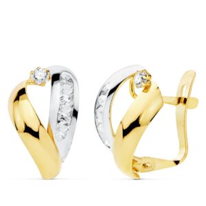 18K PENDIENTES ORO BICOLOR BANDAS Y CIRCONITAS 16X9 MM CIERRE CATALAN