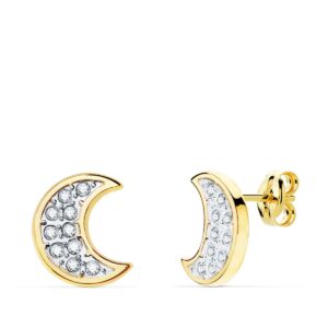 18K PENDIENTES ORO BICOLOR LUNA CON CIRCONITAS 11X9 MM CIERRE PRESION.