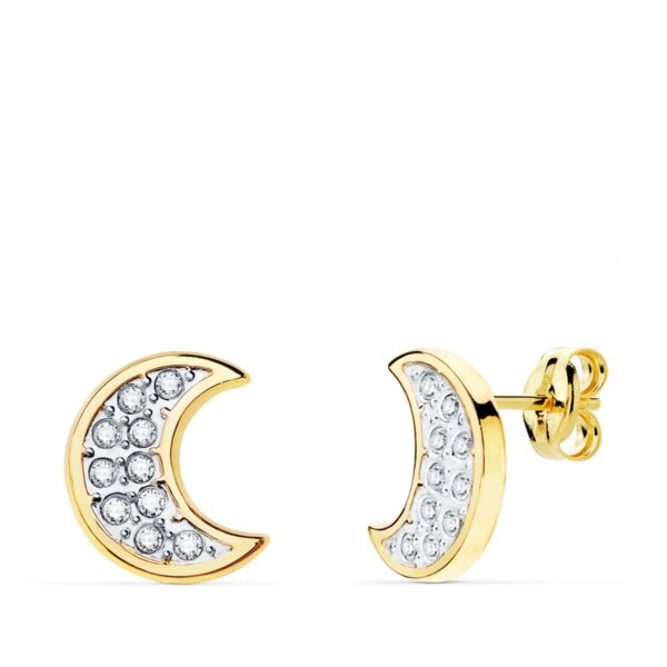 18K PENDIENTES ORO BICOLOR LUNA CON CIRCONITAS 11X9 MM CIERRE PRESION.