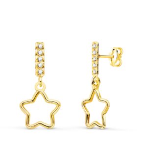 18K PENDIENTES ORO AMARILLO COLGANTE ESTRELLA Y CIRCONITAS 17X8 MM