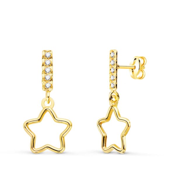 18K PENDIENTES ORO AMARILLO COLGANTE ESTRELLA Y CIRCONITAS 17X8 MM