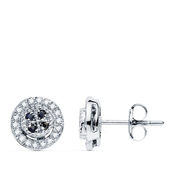 18K PENDIENTES ORO BLANCO REDONDO CIRCONITAS Y ZAFIROS 8 MM CIERRE PRESION