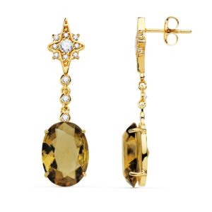 18K PENDIENTES PIEDRA PERA COLOR FUME. 37X10 MM