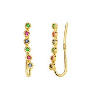18K PENDIENTES ORO AMARILLO TREPADORES CIRCONITAS COLORES. 15X2 MM