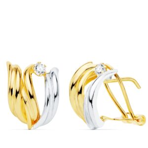 18K PENDIENTES ORO BICOLOR BANDAS Y CIRCONITAS 14X10 MM CIERRE OMEGA