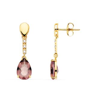 18K PENDIENTES ORO AMARILLO PIEDRA GOTA COLOR ALEJANDRITA 28X7 MM