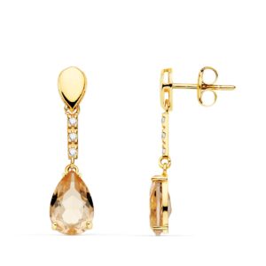 18K PENDIENTES ORO AMARILLO PIEDRA GOTA COLOR KUNCITA 28X7 MM