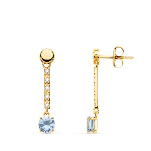 18K PENDIENTES ORO AMARILLO PIEDRA REDONDA COLOR AGUAMARINA 25X5 MM