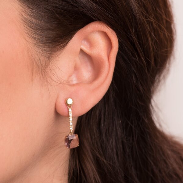 18K PENDIENTES ORO AMARILLO PIEDRA CUADRADA COLOR KUNCITA 28X8 MM - Imagen 2