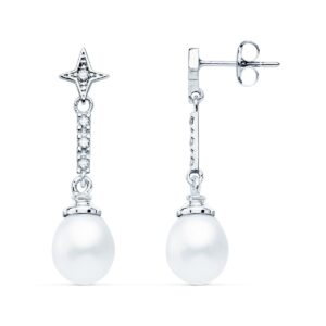 18K PENDIENTES ORO BLANCO PERLA Y CIRCONITAS 28X8 MM