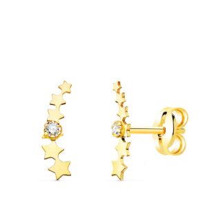 18K PENDIENTES ORO AMARILLO TREPADOR MINI ESTRELLAS CON CIRCONITA 10X2.5 MM
