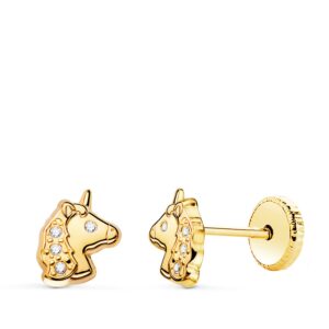 18K PENDIENTES ORO AMARILLO UNICORNIOS BRILLO CON CIRCONITAS TUERCA 7,5 X 6MM