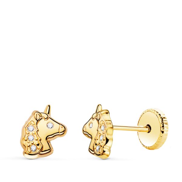 18K PENDIENTES ORO AMARILLO UNICORNIOS BRILLO CON CIRCONITAS TUERCA 7,5 X 6MM