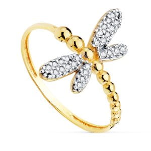 18K SORTIJA ORO BICOLOR CON LILIBELULA CUERPO DE BOLITAS Y ALAS DE CIRCONITAS. ANCHO: 17 MM