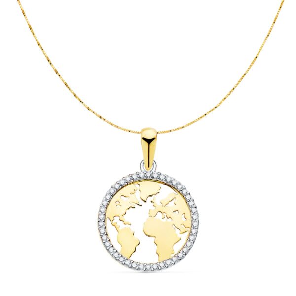 18K COLGANTE ORO BICOLOR BOLA MUNDO CON CIRCONITAS 16 MM CAD. VENECIANA 42+3 CM