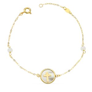 PULSERA ORO AMARILLO NACAR CON CRUZ 12 MM Y BOLAS JADE 4 MM CADENA 18 + 2.5 CM