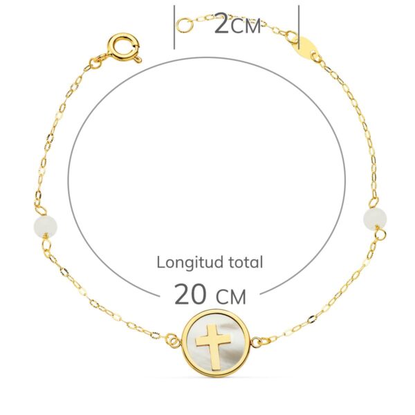 PULSERA ORO AMARILLO NACAR CON CRUZ 12 MM Y BOLAS JADE 4 MM CADENA 18 + 2.5 CM - Imagen 2