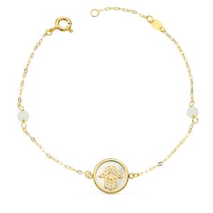 PULSERA NACAR CON MANO DE FATIMA 12 MM Y BOLAS JADE 4 MM CADENA 18   2.5 CM
