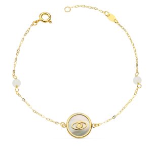 18K PULSERA NACAR CON OJO TURCO 12 MM Y BOLAS JADE 4 MM CADENA 18 + 2.5 CM