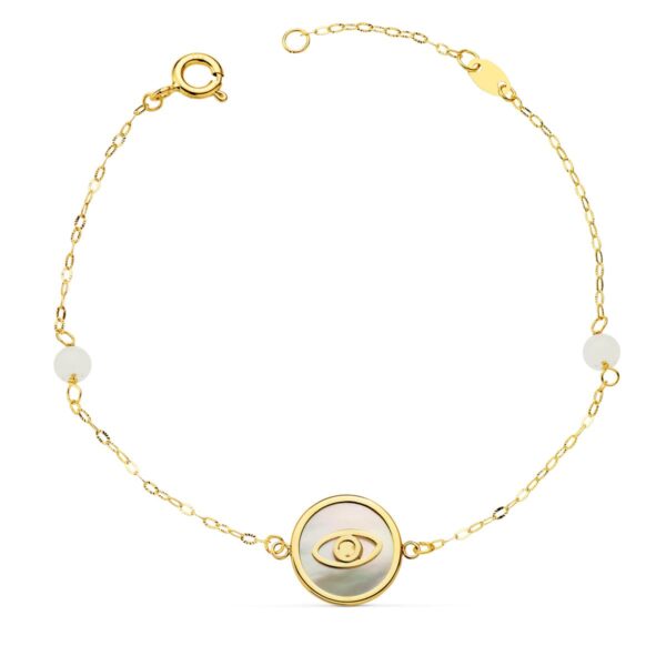 18K PULSERA NACAR CON OJO TURCO 12 MM Y BOLAS JADE 4 MM CADENA 18 + 2.5 CM
