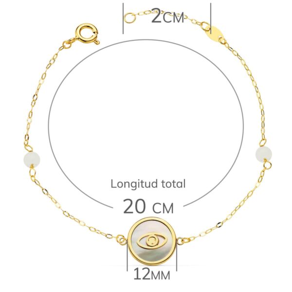 18K PULSERA NACAR CON OJO TURCO 12 MM Y BOLAS JADE 4 MM CADENA 18 + 2.5 CM - Imagen 2
