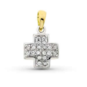18K CRUZ ORO BICOLOR CON CIRCONITAS 16X13 MM