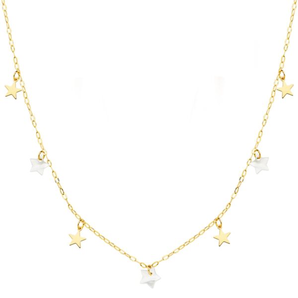 18K GARGANTILLA ORO AMARILLO ESTRELLAS LISAS Y NACAR 5.5 MM CADENA FORZADA 45 CM