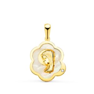 18K MEDALLA VIRGEN NIÑA NUBE CON NACAR Y CIRCONITA 15X12 MM