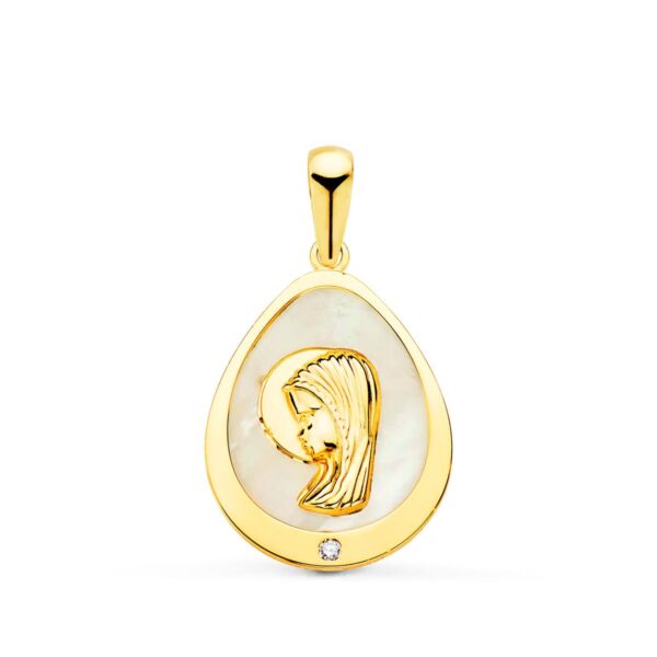 18K MEDALLA VIRGEN NIÑA LAGRIMA CON NACAR Y CIRCONITA 15X12 MM
