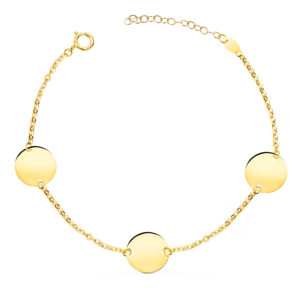 18K PULSERA ORO AMARILLO 3 DISCOS EN BRILLO REDONDOS DE 12 MM. LARGO: 18   3 CM