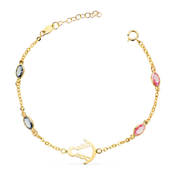 18K PULSERA ORO AMARILLO SILUETA VIRGEN ROCIO 14X11 MM CON CIRCONITAS ROSAS Y AZULES. LARGO: 15   3 CM