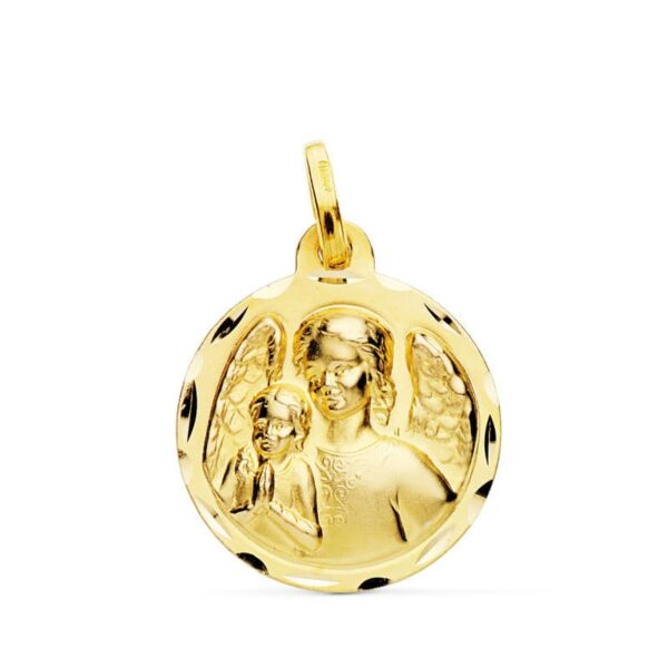 18K MEDALLA ANGEL DE LA GUARDA CON NIÑO TALLADA 18 MM
