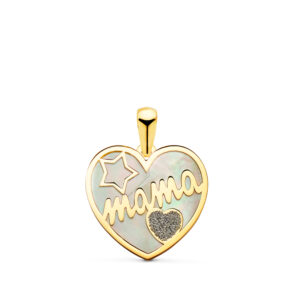 18K COLGANTE DE CORAZON CON NACAR MAMA Y POLVO DE DIAMANTE 16X14MM