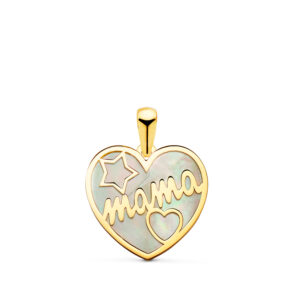 18K COLGANTE DE CORAZON CON NACAR MAMA Y DIBUJO DE ESTRELLA Y CORAZON 16X14MM