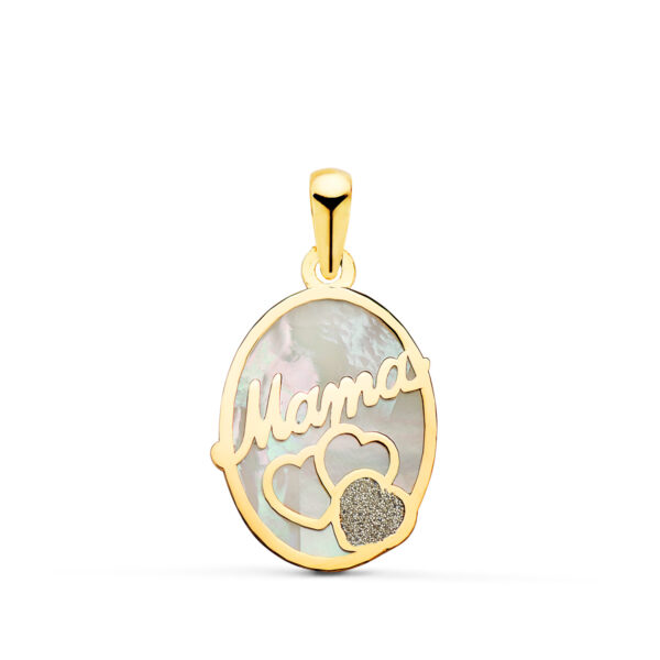18K COLGANTE DE NACAR OVAL MAMA CON CORAZONES Y POLVO DE DIAMANTE 17X13MM