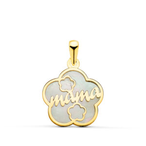 18K COLGANTE DE NACAR FORMA DE FLOR Y MAMA CON CORAZONES 15X15MM