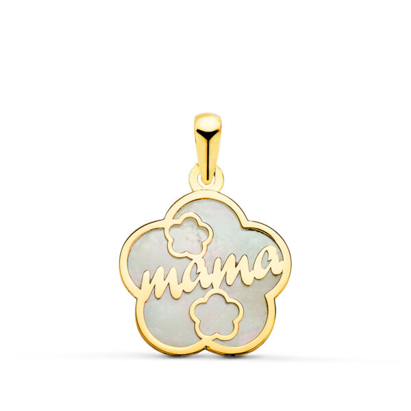 18K COLGANTE DE NACAR FORMA DE FLOR Y MAMA CON CORAZONES 15X15MM