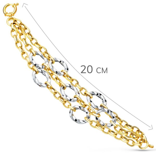 18K PULSERA ORO BICOLOR TRIPLE CADENA HUECA MOTIVOS REDONDOS 20 CM - Imagen 2